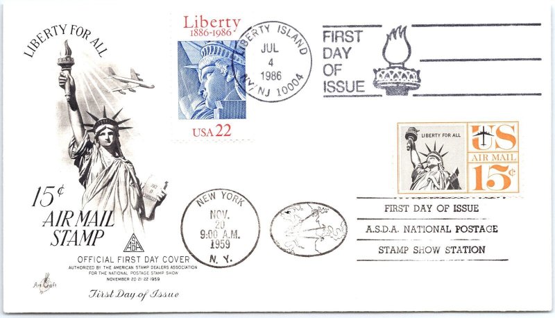 US EVENT FDC COVER CENTENNIAL THE STATUE OF LIBERTY DUAL 15c AIRMAIL COMBO 1959