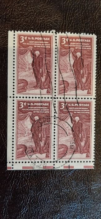 US Scott # 1064; used 3c C W Peale from 1955; block of 4; VF/XF centering