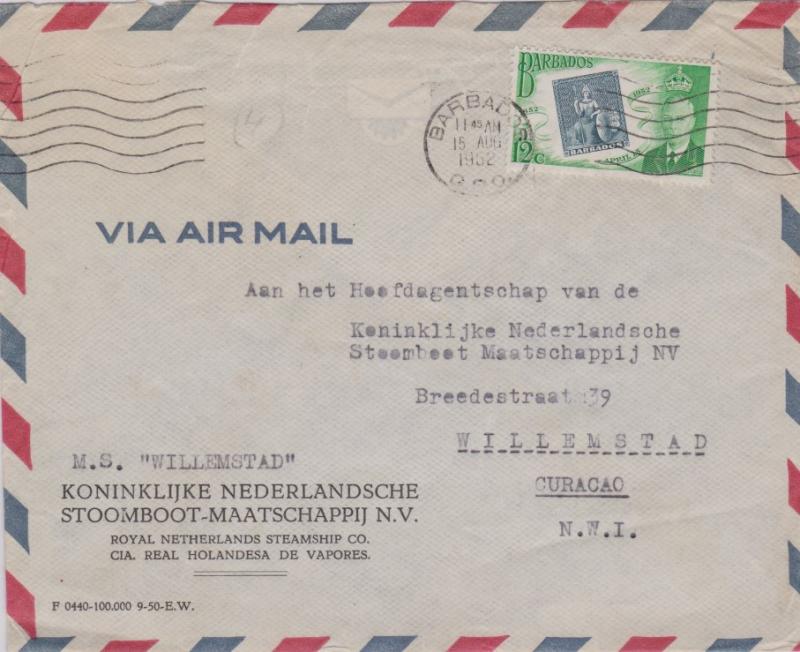 Barbados 12c KGVI Stamp Centenary 1952 Barbados, G.P.O. Airmail to Willemstad...