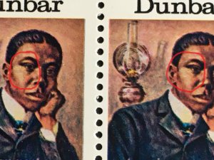 1975 sheet, Paul Dunbar Sc #1554 Including 'teardrop' Plate Flaw