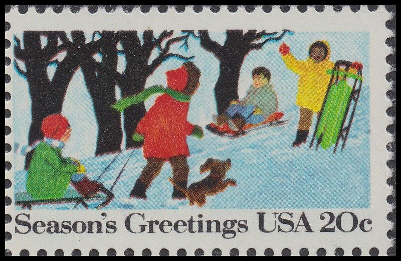 US 2027 Season's Greetings Children Sledding 20c single (1 stamp) MNH 1982 