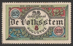 TRANSVAAL 1898 Pretoria Newspaper De Volkstem 25th Anniv multicolour label. Rare