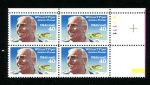 C129 Air Mail William T Piper Plate Block of 4 40¢ Stamps 1991