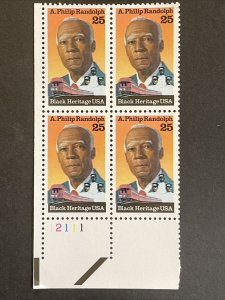 Scott # 2402 25-cent Black Heritage A. Philip Randolph Stamp, MNH Plate Block 4