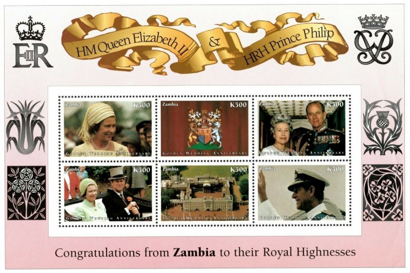 Zambia 1997 - Queen Elizabeth II 50th Wedding Anniversary - Sheet of 6 - MNH