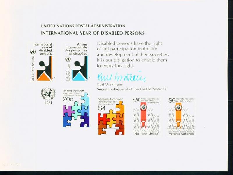 UN NY Sc# SC19 MNH FVF Disabled Persons Souvenir Card