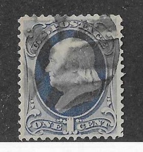 USA Sc #145  1c blue used with cork  cancel  choice VF