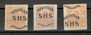 CROATIA - SHS - 3 MH NEWSPAPER STAMPS - VARIETY ON OVERPRINT - ABKLATSH - 1918.