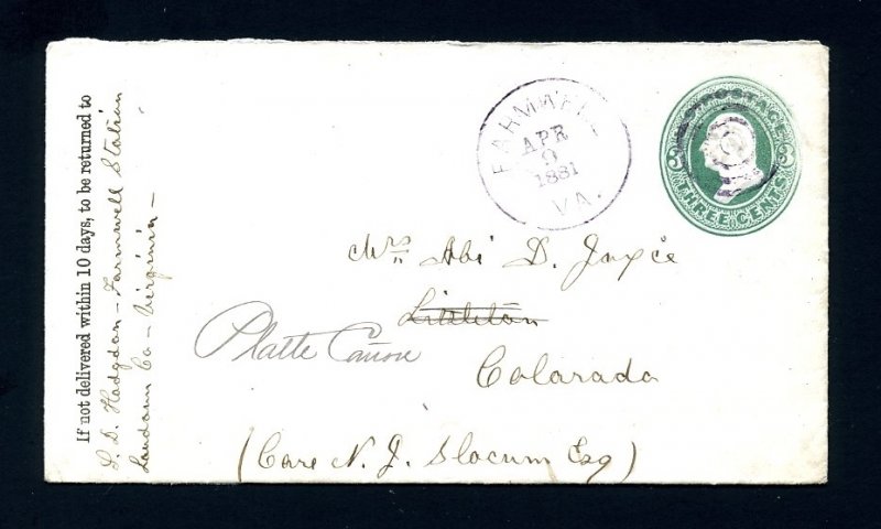 # U163 entire from Farmwell, VA, DPO to Littleton to Platte Canon, CO - 4-9-1881