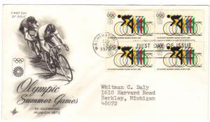 US #1460 6c Olympic Bicycling blk 4 FDC Artcraft ECV $2.50