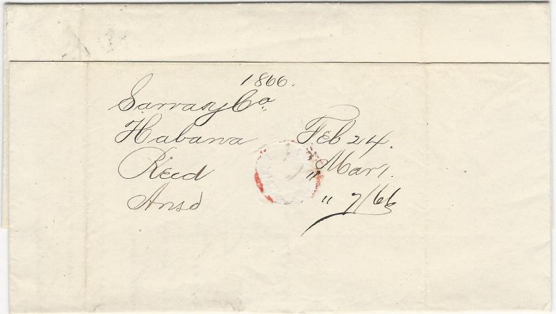 Cuba, 1866 Stampless Cover, sent from Havana to New York City, Steamship 20 mark