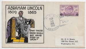 1938 USS Arizona BB-39 Lincoln Birthday to Washington DC Wentz cachet (N7837)