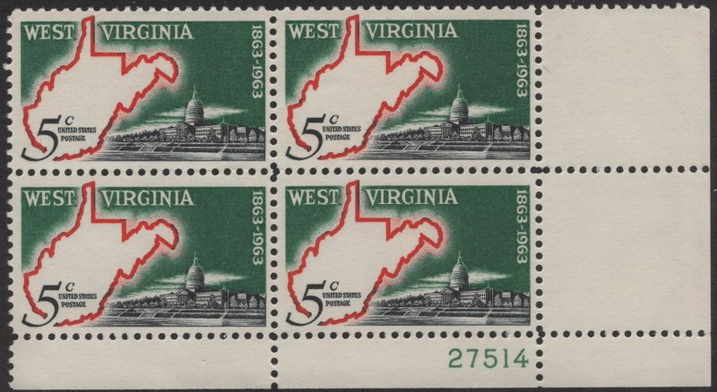 SC#1232 5¢ West Virginia Statehood Issue Plate Block: LR #27514 (1963) MNH