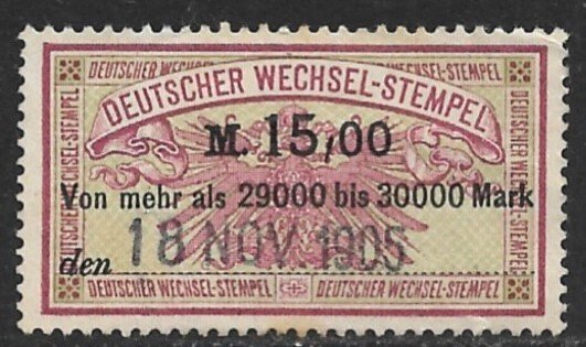 GERMANY 1901 15,00 Unwmkd Bill of Exchange Revenue Erler No. AJ134 VFU