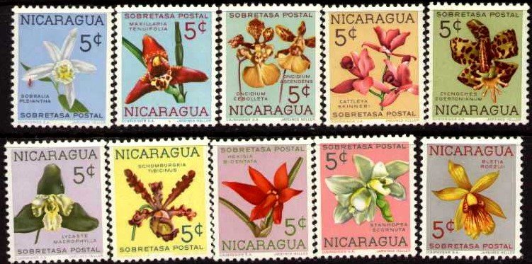 10 Various Orchids, Nicaragua stamp SC#RA66-RA75 Mint set