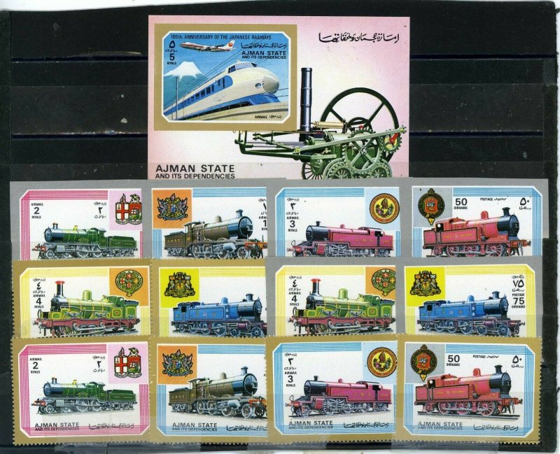 AJMAN 1972 LOCOMOTIVES 2 SETS OF 6 STAMPS PERF. & IMPERF. & S/S MNH