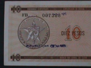 ​CUBA-NATIONAL BANK OF CUBA-$10-PESO-TOURIST EXCHANGE CERTIFICATE-UNC-VF-RARE