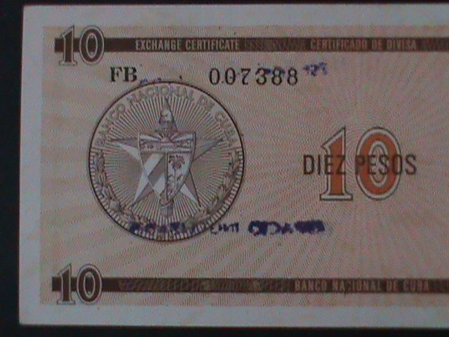 ​CUBA-NATIONAL BANK OF CUBA-$10-PESO-TOURIST EXCHANGE CERTIFICATE-UNC-VF-RARE