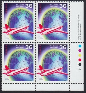 HISTORY = PLANE, GLOBE = Canada 1987 #1145 MNH LR Block of 4