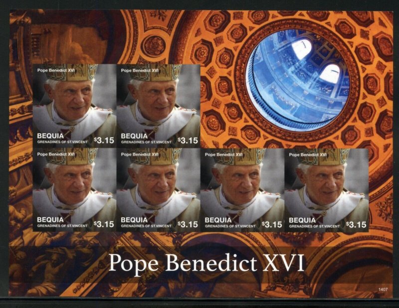 SPECIAL BEQUIA POPE BENEDICT XVI  LOT OF FOUR IMPERF SHEETS MINT NH