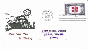 1943 FDC, #920, 5c Overrun Country - Denmark, patriotic (tank)