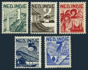 Neth Indies 263-267, hinged. Mi 333-337. Railway viaduct,Dam, Power station,Tree