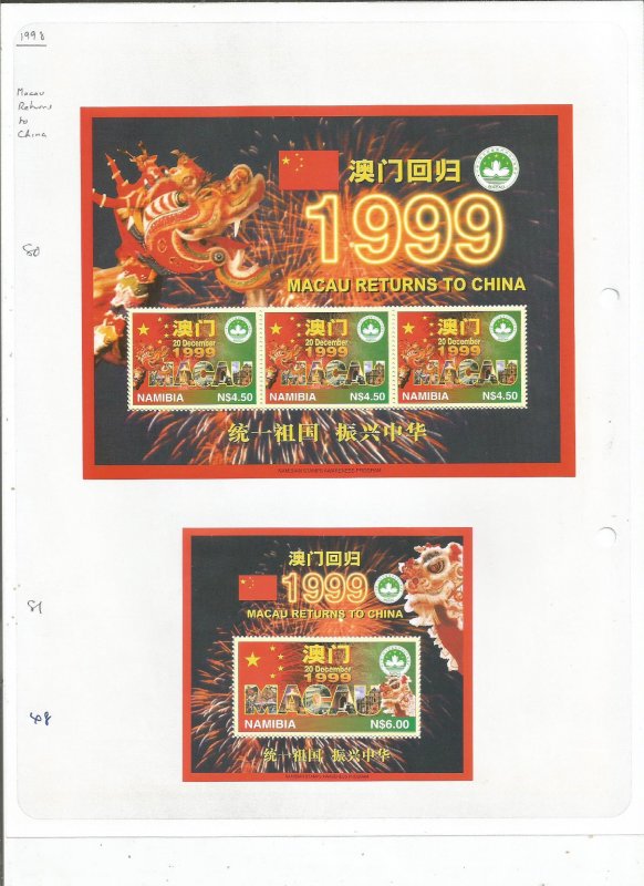 NAMIBIA - 1998 - Return of Macau - Perf 3v Sheet & Souv Sheet -Mint Light Hinged