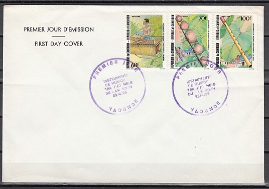 Cameroun, Scott cat. 773-775. Native Music Instruments. First day Covers. ^