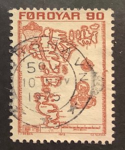 Faroe Islands 1975 Scott 13 used - 90o, Map of Faroe Islands in  1673