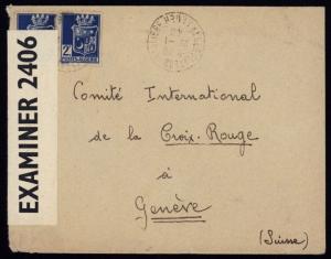 Algeria 142 (2) on 1943 WWII Red Cross censored cvr w/Alger Planeau Sauliere pmk