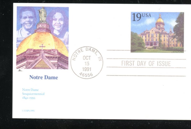US UX157 19 cent Postal Card Univ Notre Dame UA Fleetwood cachet FDC