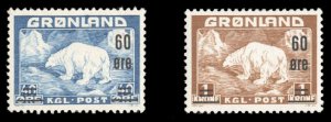 Greenland #39-40 Cat$76, 1956 Surcharges, set of two, lightly hinged