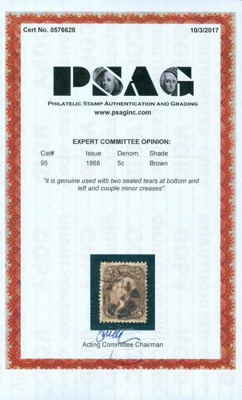 EDW1949SELL : USA 1868 Scott #95 Used. Nice looking stamp PSAG Cert Catalog $900