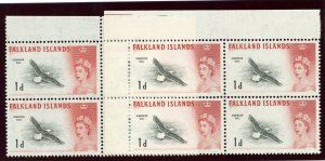 Falkland Islands 1960 QEII 1d in both listed shades in blocks MNH. SG 194, 194a.