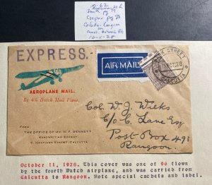 1928 Calcutta India First Flight Airmail cover To Rangoon Burma Dutch Airplane