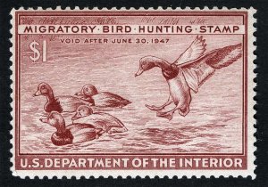 US Sc RW13 Red Brown $1.00 1946 Mint Never Hinged OG Duck Humiting Stamp