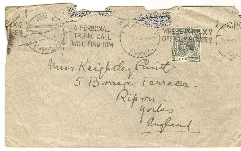 Perak 1930's Cover to UK