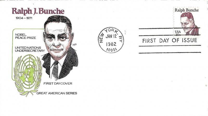1982 FDC, #1860, Ralph Bunche, 5 diff. cachets