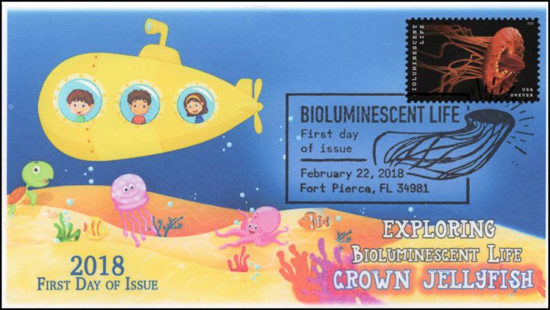 18-070, 2018, Bioluminescent Life, Pictorial Postmark, Crown Jellyfish, First Da