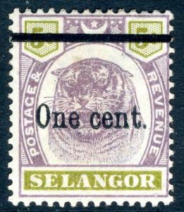 SELANGOR-1910 1c on 5c Dull Purple & Olive-Yellow Sg 66a AVERAGE MOUNTED MINT 