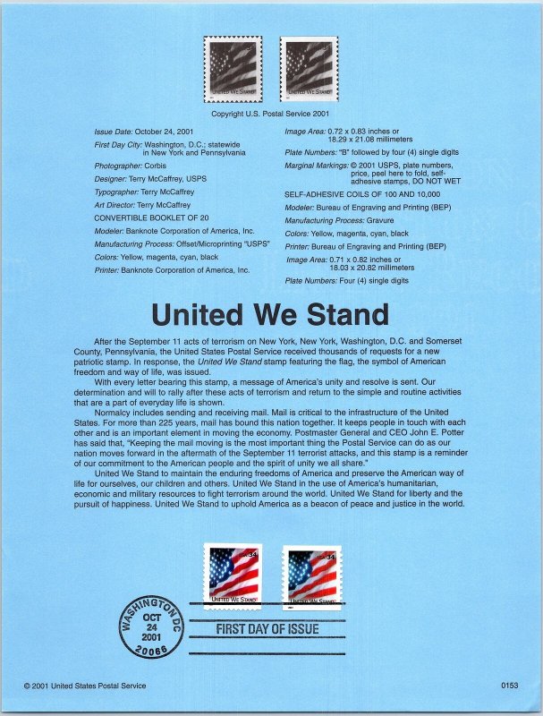 USPS SOUVENIR PAGE UNITED WE STAND FLAG STAMP (PAIR) 2001