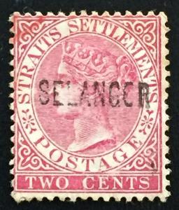 RARE FEATURE SELANGOR spelt ** SELANGCR ** opt Straits Settlements QV 2c F Used