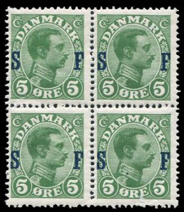 Denmark #M1 Cat150+, 1917 Military Stamps, 5o green, block of four, never hin...