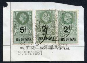 Isle of Man QEII 5/- and 2 x 2/- Key Plate Type Revenues CDS on Piece