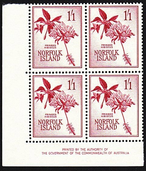 NORFOLK IS 1960-62 1/1d Hibiscus imprint block of 4 MNH.....................9129