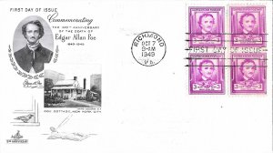 1949 FDC, #986, 3c Edgar Allan Poe, Art Craft, block of 4