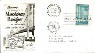 FDC 1958 SC #1109 Artcraft Cachet - Mackinac Bridge, Mi - Single - F76264