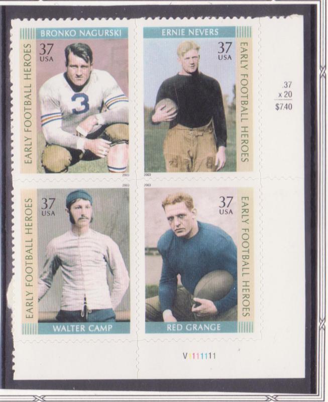 3808-11 3811 Football Heroes 37c 2003 MNH LR PB4 V111111