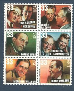 3345-50 Broadway Songwriters Block Of 6 Mint/nh FREE SHIPPING