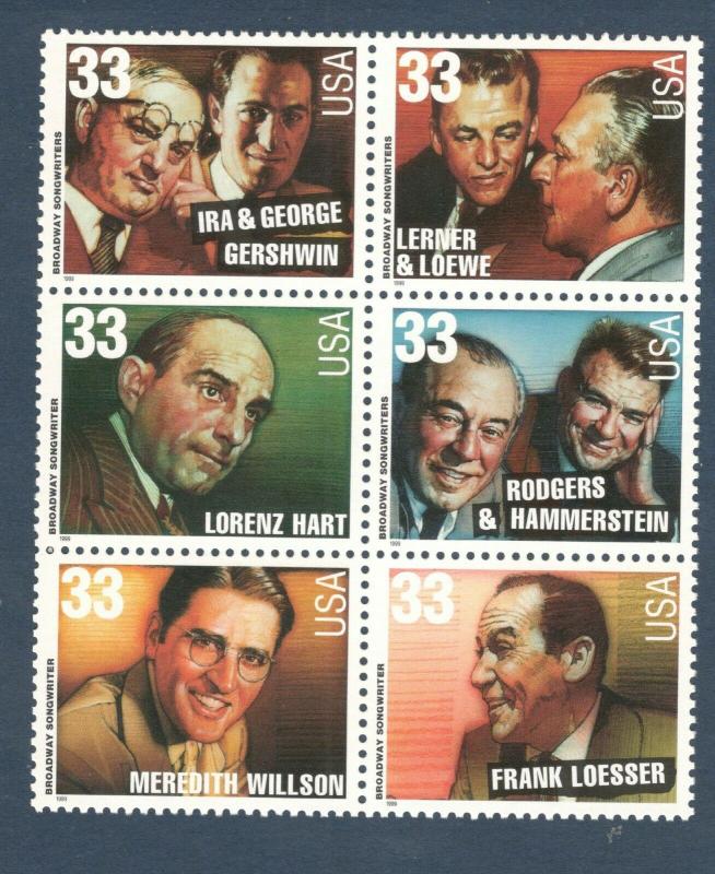 3345-50 Broadway Songwriters Block Of 6 Mint/nh FREE SHIPPING